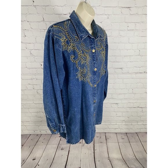 VTG Club Z Denim Long Sleeve Button Down Embroidered Beaded Denim Blouse Women S - Picture 2 of 14